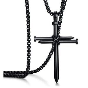 Nail Cross Pendant 24" Black Necklace Stainless Steel Chain Men Women Jesus